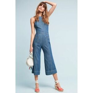 Pilcro Anthropologie Femme Denim Wide Leg Halter Cropped Jumpsuit Size 2 Retro